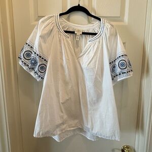 St. John's Bay White Blouse with Blue Embroidery